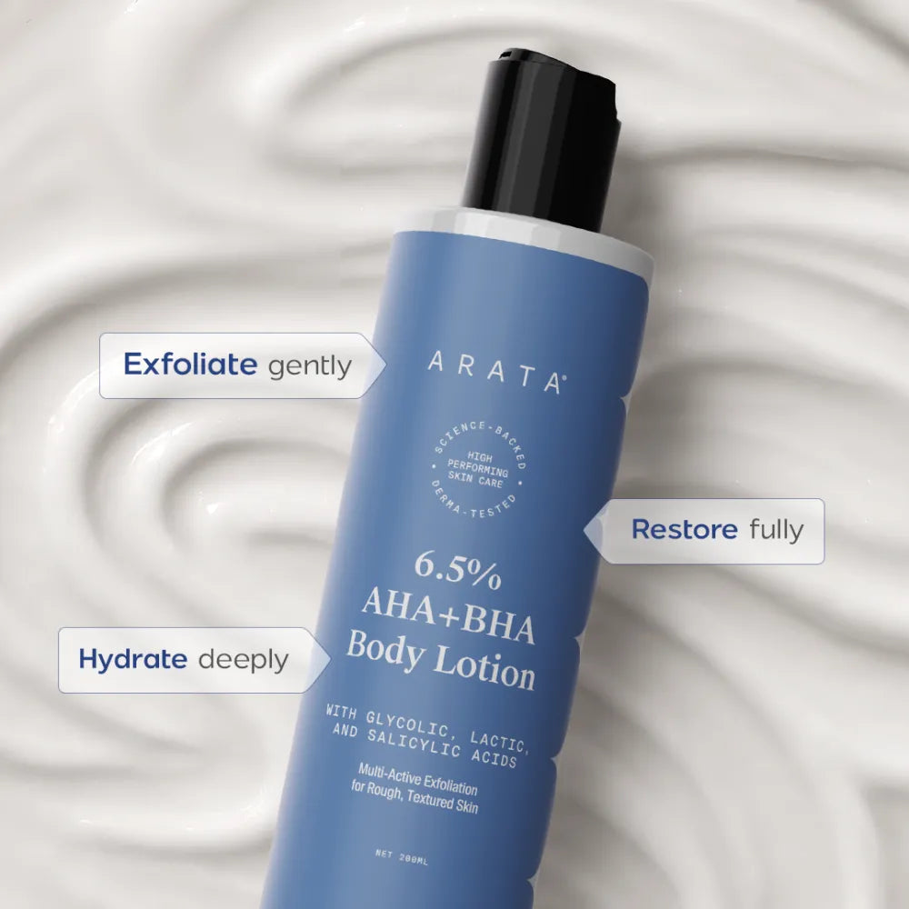 Arata 6.5% AHA BHA Body Lotion for Rough and Textured Skin | Provides Gentle Exfoliation and Long Lasting Hydration | 200 ml