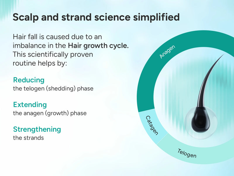 Diagram of hair growth cycle with text on scalp and strand science.