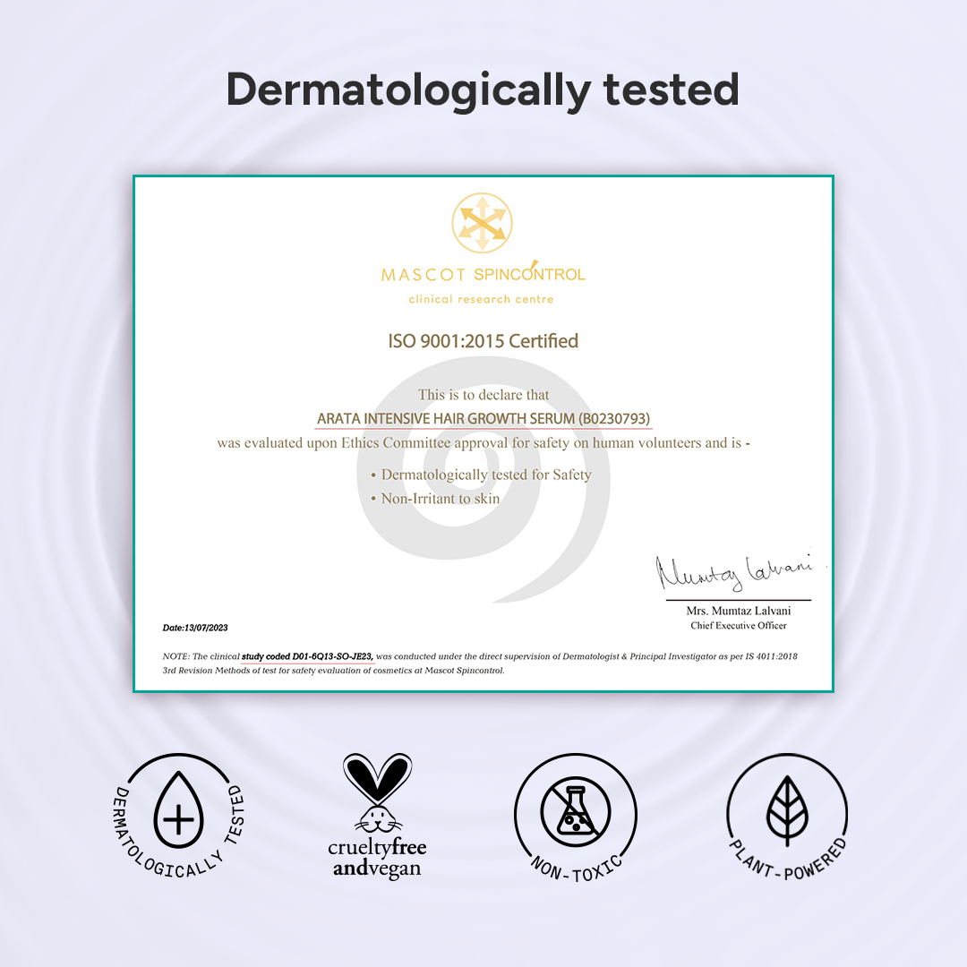 Certification label for Arata Intensive Hair Growth Serum with dermatological testing details