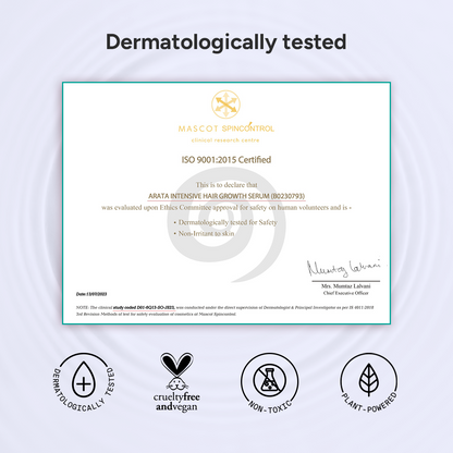 Certification label for Arata Intensive Hair Growth Serum with dermatological testing details