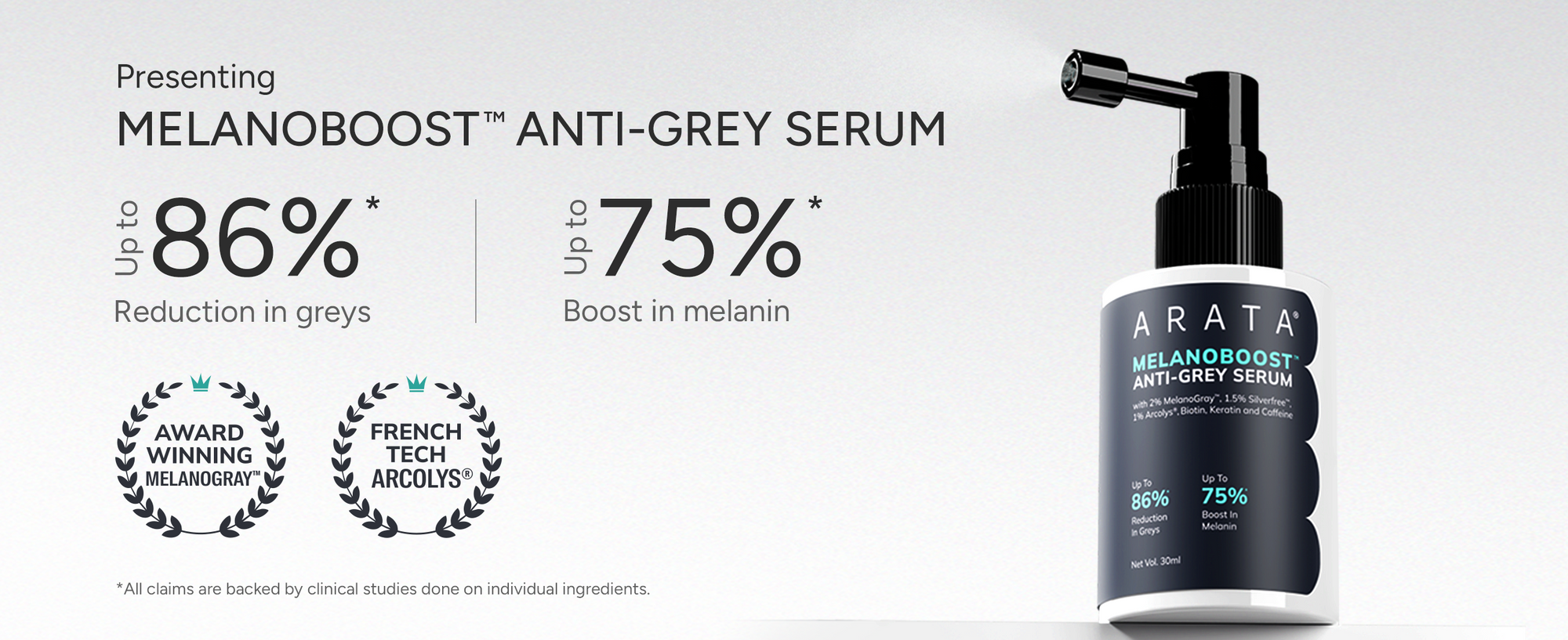 ARATA MelanoBoost Anti-Grey Serum bottle with text on a white background