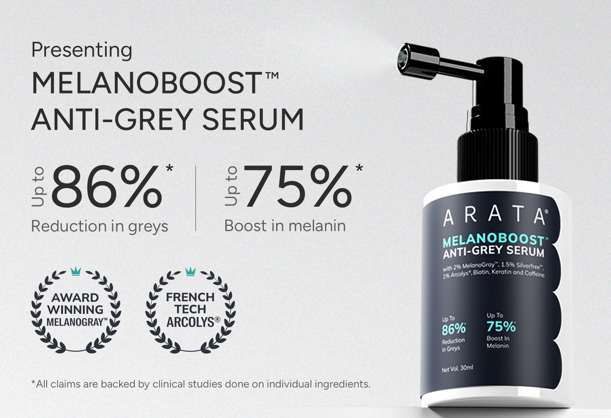 Arata Melanoboost Anti-Grey Serum bottle with text on a light gray background