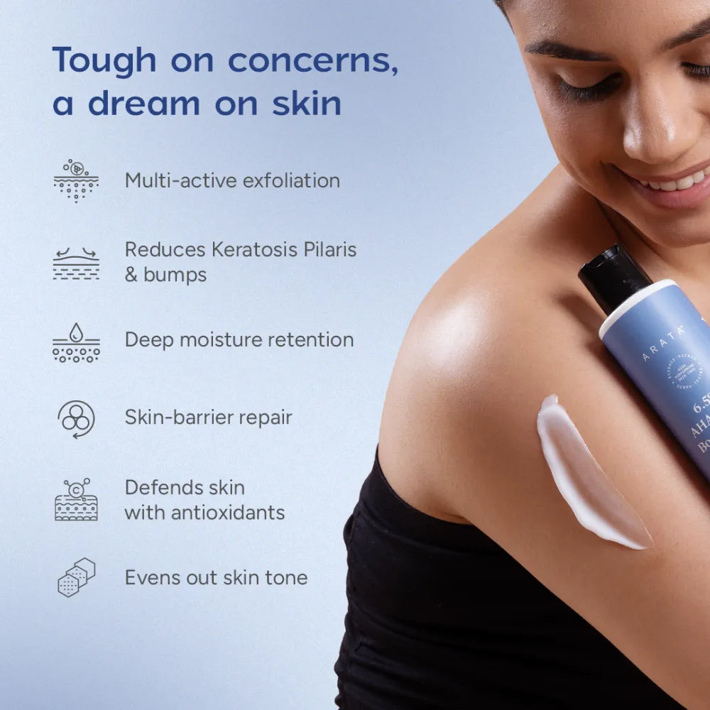 Arata 6.5% AHA BHA Body Lotion for Rough and Textured Skin | Provides Gentle Exfoliation and Long Lasting Hydration | 200 ml