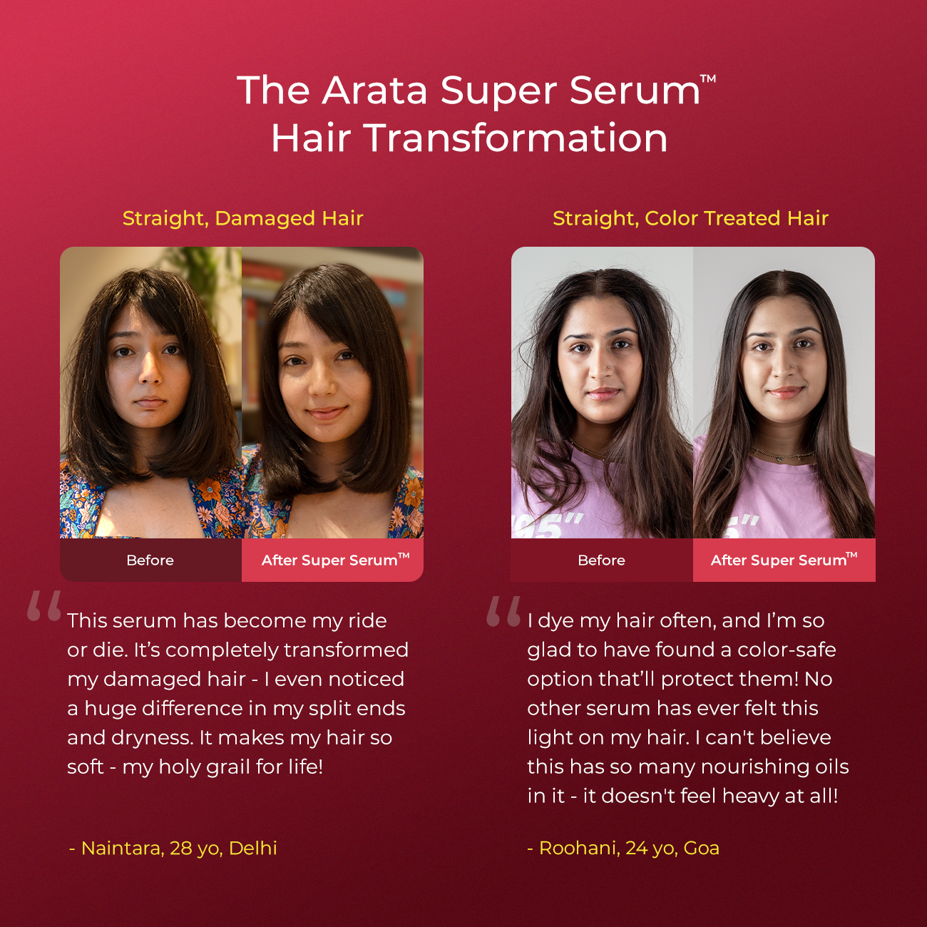 Advertisement for Arata Super Serum hair transformation with before and after images of hair.