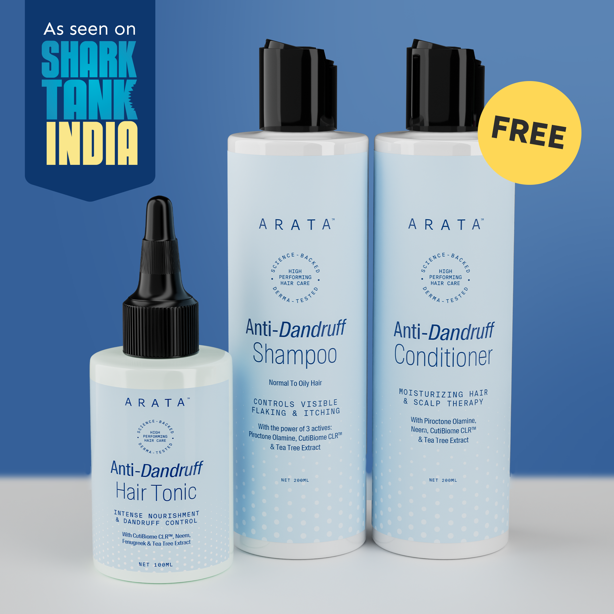 Arata Anti-Dandruff Shampoo, Tonic, Free Conditioner Combo | Piroctone Olamine & Glycolic Acid | Up To 100% Dandruff Reduction | Hydrates | 200+200+100ml