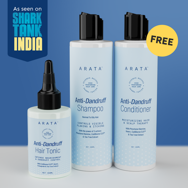Arata Anti-Dandruff Shampoo, Tonic, Free Conditioner Combo | Piroctone Olamine & Glycolic Acid | Up To 100% Dandruff Reduction | Hydrates | 200+200+100ml