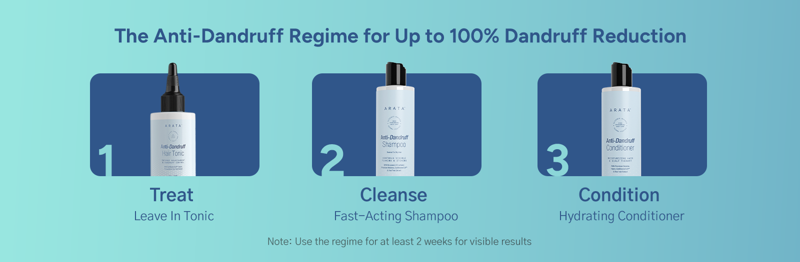 Anti-dandruff shampoo and conditioner bottles with step-by-step guide on a blue background