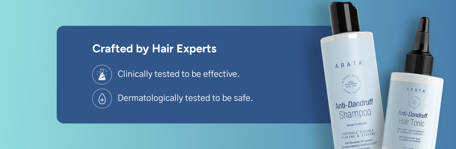 Two bottles of Arakai Anti-Dandruff Shampoo and Conditioner on a blue background with text about being crafted by hair experts.