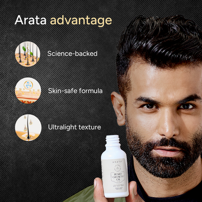 Man holding a bottle of Arata product with features listed on a dark background