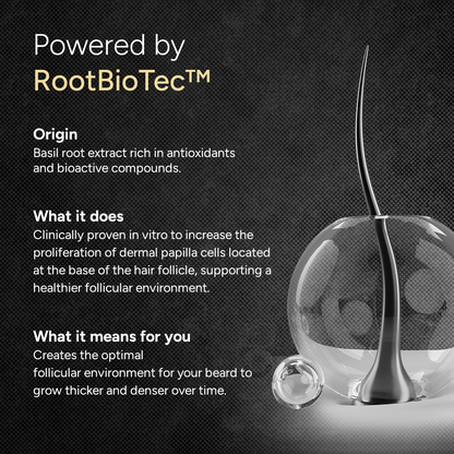 Advertisement for RootBioTec with text and a glass container on a dark background
