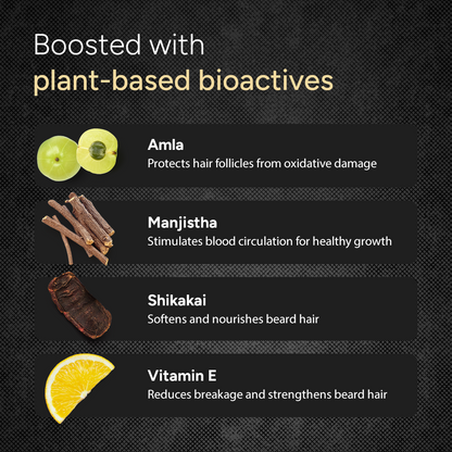 Product label with plant-based bioactive ingredients and their benefits on a dark background