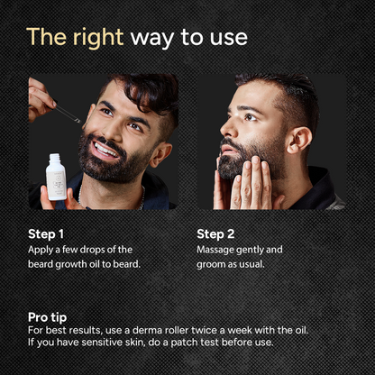 Instructions on using beard growth oil with a man applying it to his beard.