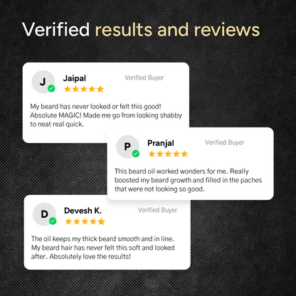 Verified customer reviews for a beard product on a dark background