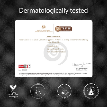 Certification label for beard growth oil with dermatological testing details on a dark textured background.