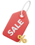 Red sale tag with white 'SALE' text and yellow '%' symbol on a white background