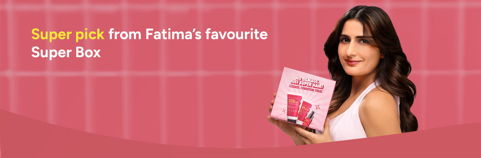 Woman holding a product box with text about it being a 'Super pick from Fatima's favourite Super Box' on a pink background.