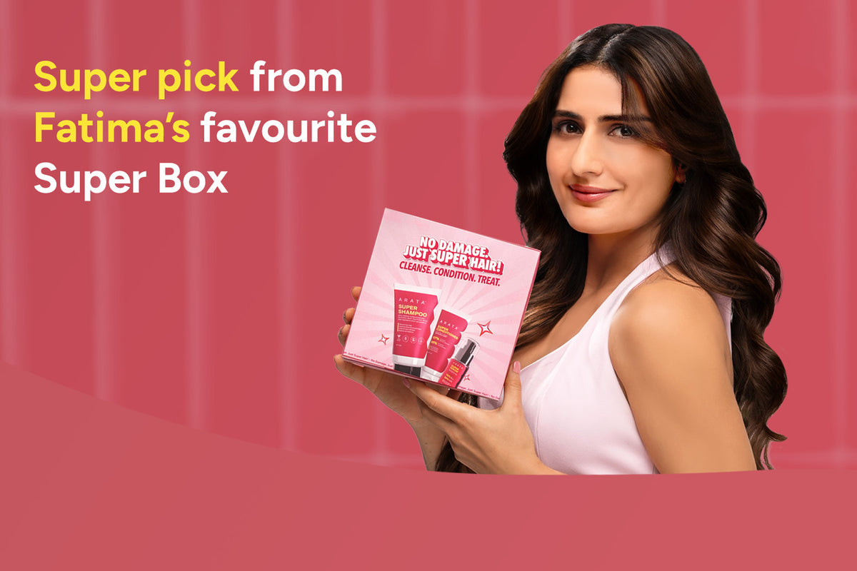 Woman holding a product box with text about 'Fatima's favourite Super Box' on a pink background
