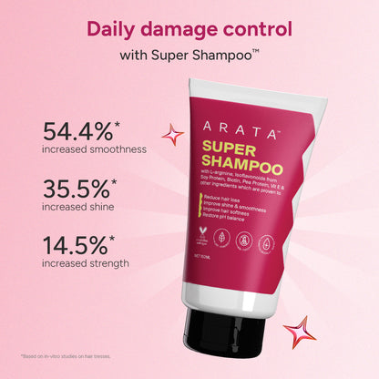 Arata Super Shampoo bottle with product benefits on a pink background