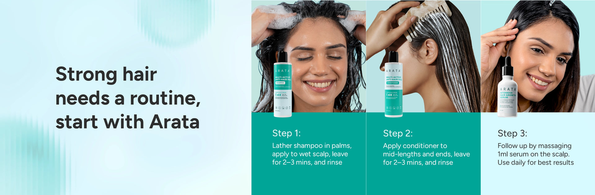 Advertisement for Arata hair care products with step-by-step instructions and a woman applying shampoo.