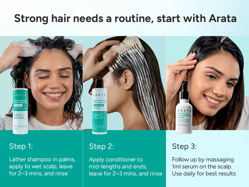 Advertisement for Arata hair care products with step-by-step instructions and images of a woman using the products.