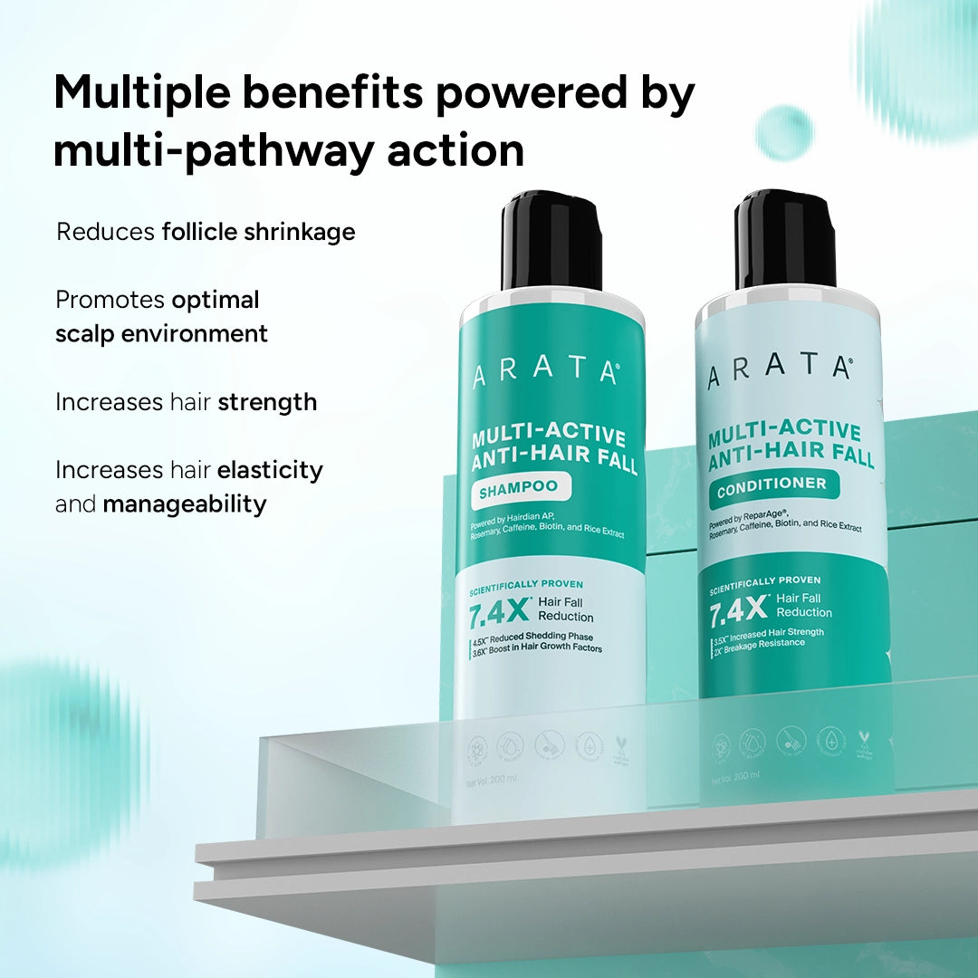 ARATA Multi-Active Anti-Hair Fall Shampoo and Conditioner on a shelf with product benefits text.