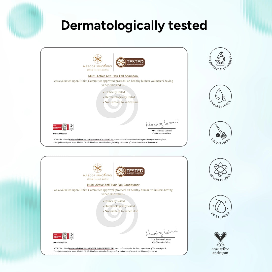 Dermatologically tested labels for shampoo and conditioner with certification logos on a light blue background.